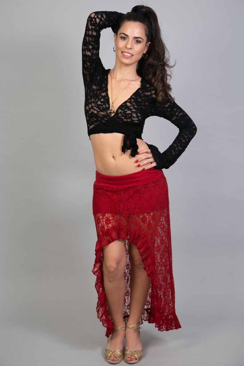 Gypsystyle Clothing for Burning Man Festivals Unique Mini Maxi Asymmetrical Lace Skirt for Women Tribal Fusion Bellydance and Salsa