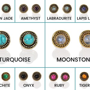 May include: A set of 10 pairs of gold-toned stud earrings with different colored gemstone inlays. The gemstones include turquoise, amethyst, moonstone, lapis lazuli, malachite, onyx, ruby, tiger eye, labradorite, and Indian jade.