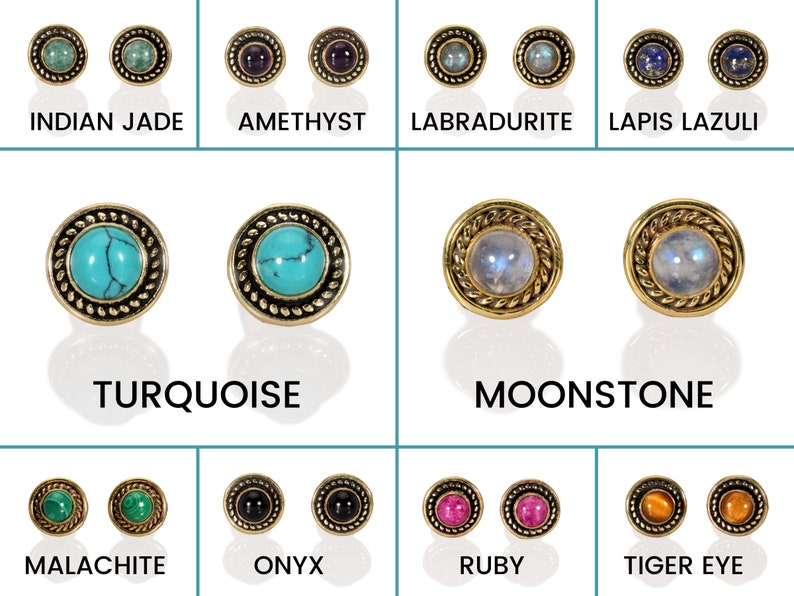 May include: A set of 10 pairs of gold-toned stud earrings with different colored gemstone inlays. The gemstones include turquoise, amethyst, moonstone, lapis lazuli, malachite, onyx, ruby, tiger eye, labradorite, and Indian jade.