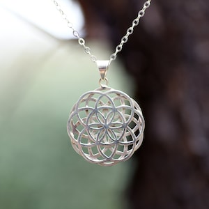 Mandala Necklace, Seed of Life Necklace, Sterling Silver Necklace, Sacred Geometry Jewelry, Geometric Pendant Necklace, Large Necklace.