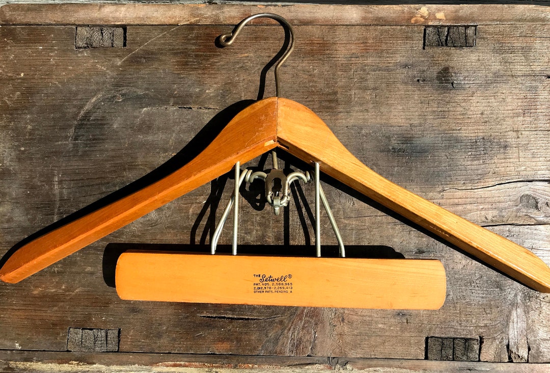 Vintage Setwell Wooden Hangers, Antique Clamp Style Clothes Hangers, Suit Valet, Pant Hanger