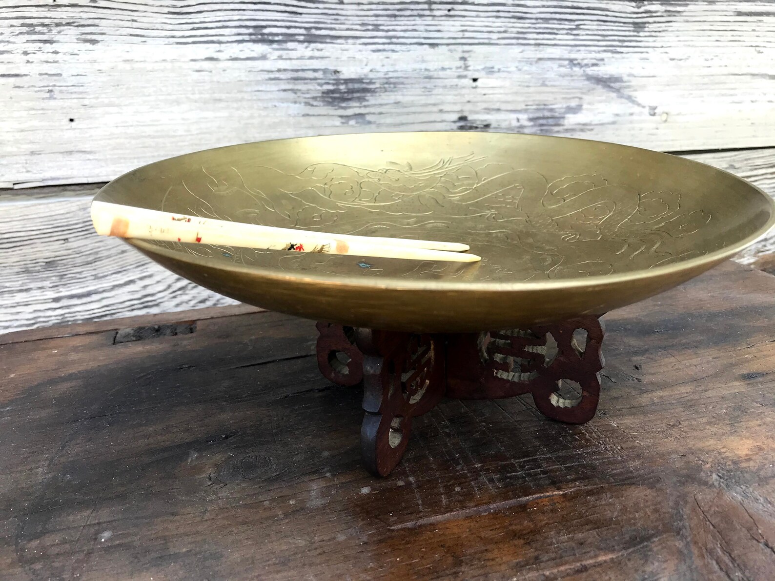 Antique Asian Brass Bowl With Stand Ceremonial Vintage Etsy