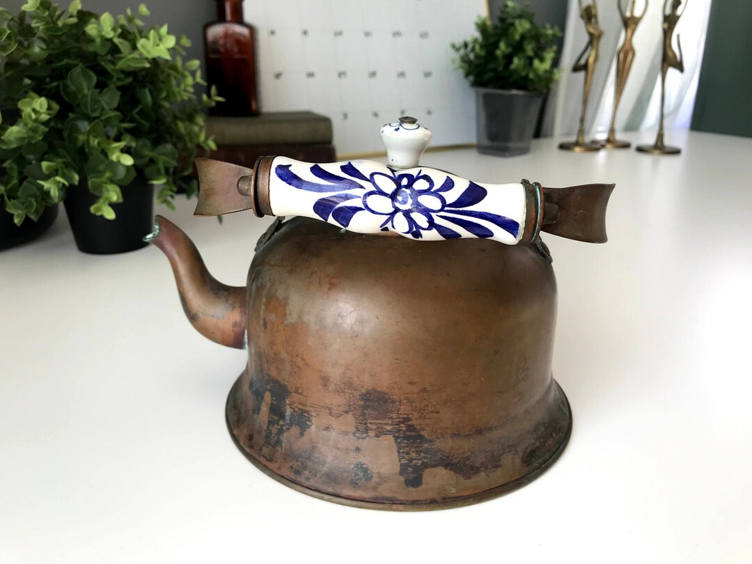 Antique Copper Tea Kettle Copper Kettle With Delft Handle Etsy