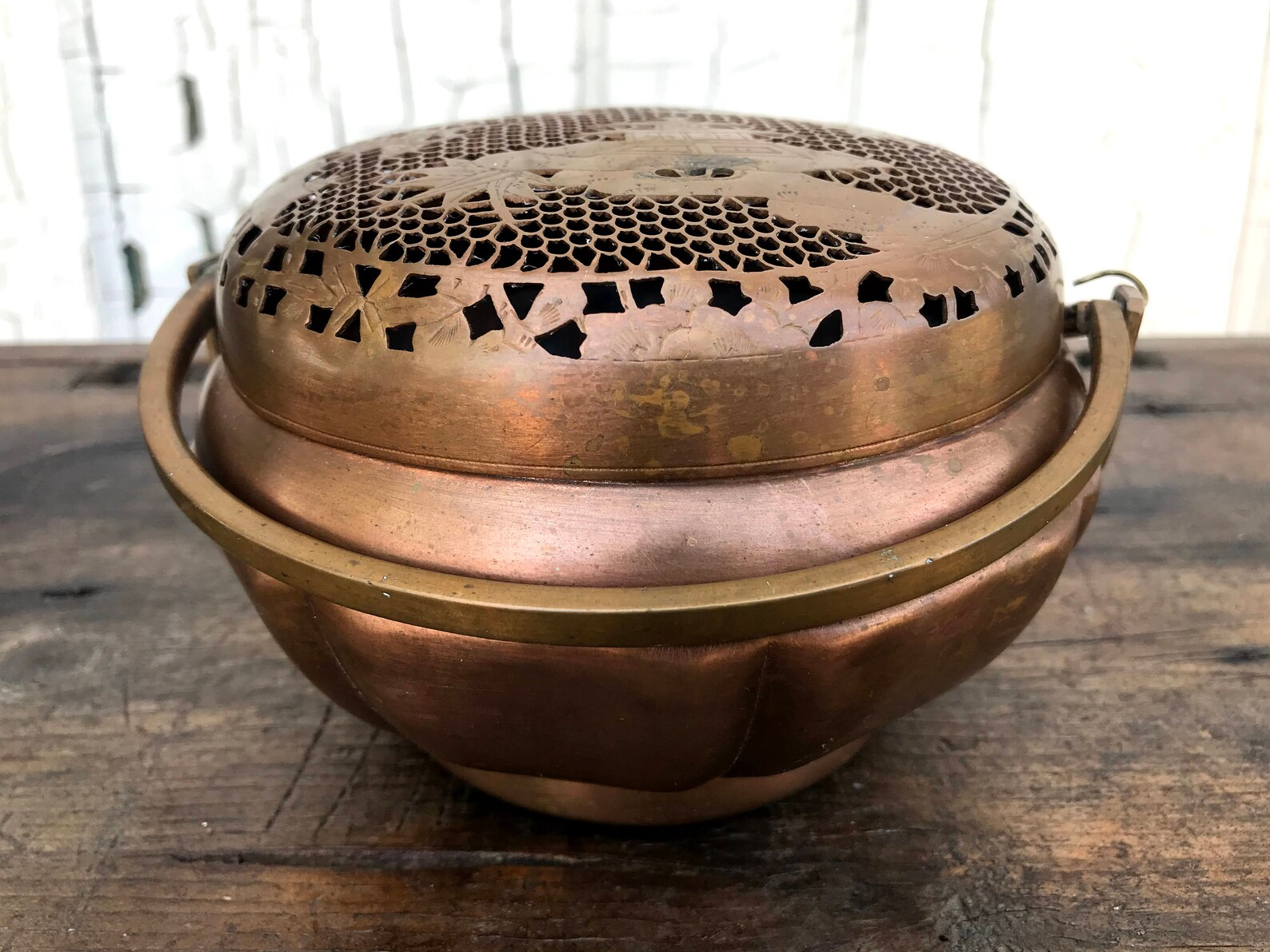 Antique Chinese Copper Hand Warmer, Double Handles Incense Burner