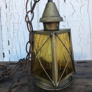 Brass and Amber Glass Swag Lamp Vintage