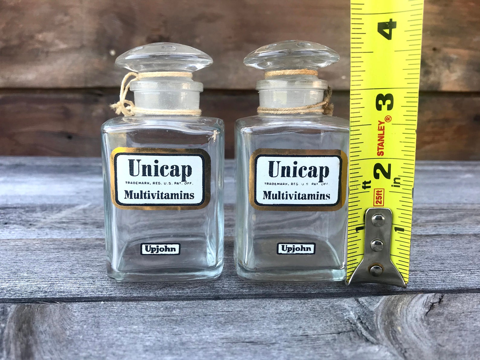 Vintage Upjohn Unicap Vitamin Jars, Set of 2, Disneyland Souvenir, Small Glass Bottle With