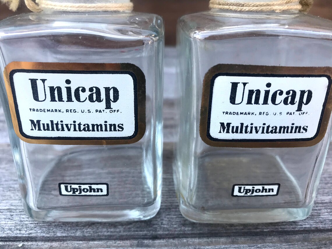 Vintage Upjohn Unicap Vitamin Jars, Set of 2, Disneyland Souvenir, Small Glass Bottle With