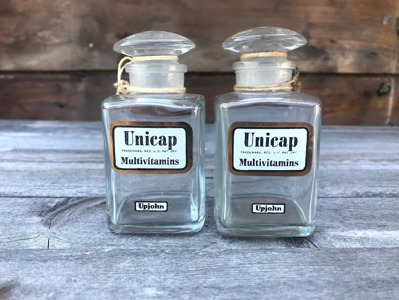 Vintage Upjohn Unicap Vitamin Jars, Set of 2, Disneyland Souvenir, Small Glass Bottle With