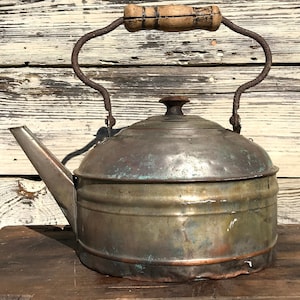 Antique ROME Nickel-Plated Copper Tea Kettle, Vintage Teapot with Wooden Handle