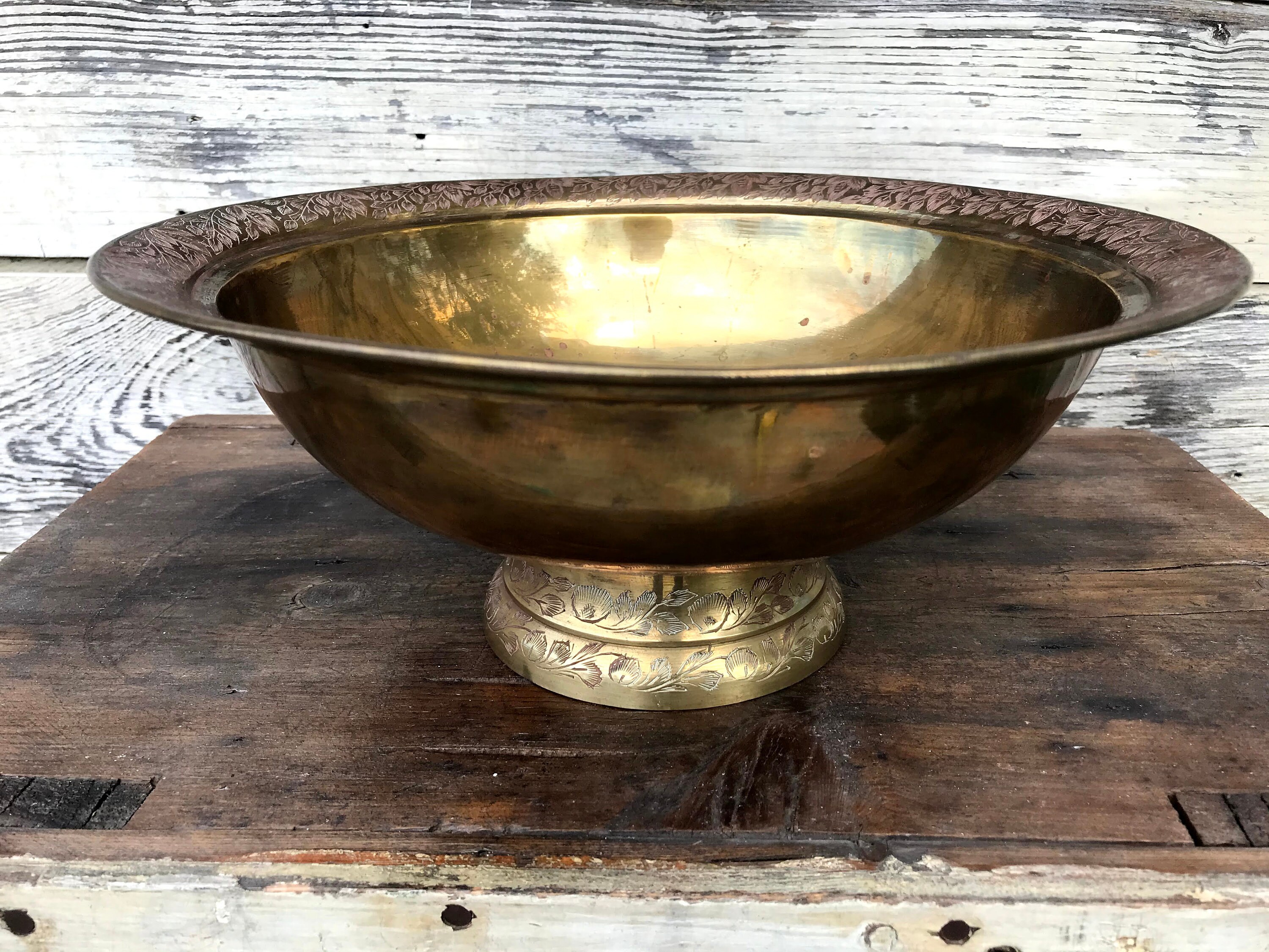 Vintage India Sarna Brass Bowl With Markings, Centerpiece Decor