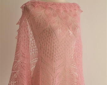 Wedding hand knit pink lace shawl "Duchesse" in mohair on silk