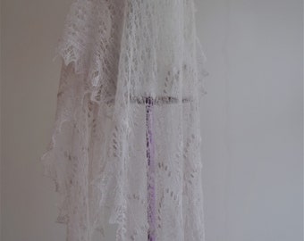 Wedding hand knit white lace shawl "Ney century" in mohair on silk