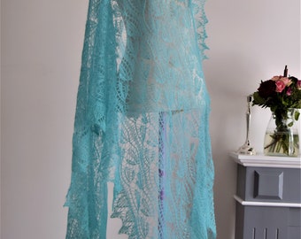 Beautiful lace rectangular shawl, knitted in mohair on silk