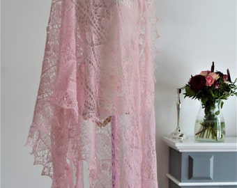 Wedding hand knit pink lace shawl "Romantic" in mohair on silk