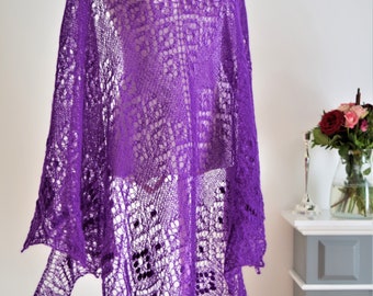 Handknit russian "Purple kid mohair" shawl, knitted in mohair on silk