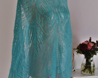 Wedding handknit light green turquoise shawl