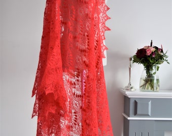 Royal wedding lace shawl, knitted in red kid mohair on silk