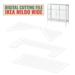 May include: Digital cutting file for an IKEA Milbo Wide cabinet. The file includes four shelf designs: two triangular shelves, one L-shaped shelf, and one rectangular shelf. All shelves have a grid pattern.