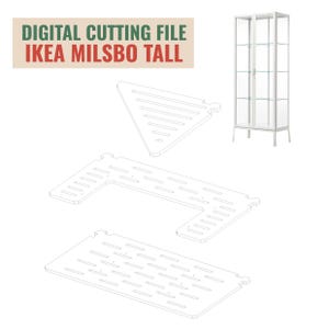 Könnte beinhalten: Digitale Schnittdatei für einen IKEA MILSBO TALL Schrank. Die Datei enthält vier verschiedene Regaldesigns, darunter ein dreieckiges Regal, ein rechteckiges Regal und zwei L-förmige Regale.