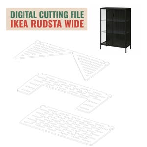 May include: Digital cutting file for a wide IKEA RUDSTA cabinet. The file includes four pieces: a long shelf, a short shelf, and two triangular shelves.