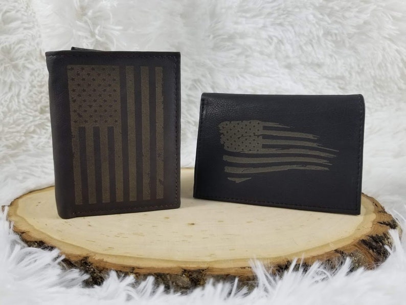 Laser Engraved Leather Wallet American Flag Custom Image 0