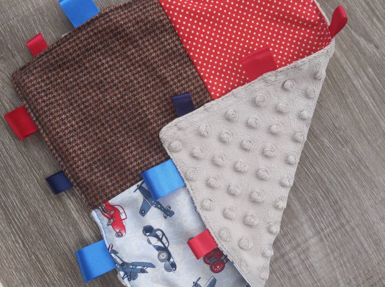 Baby/'s First Christmas tag blanket baby boy gift blue cars trains planes red