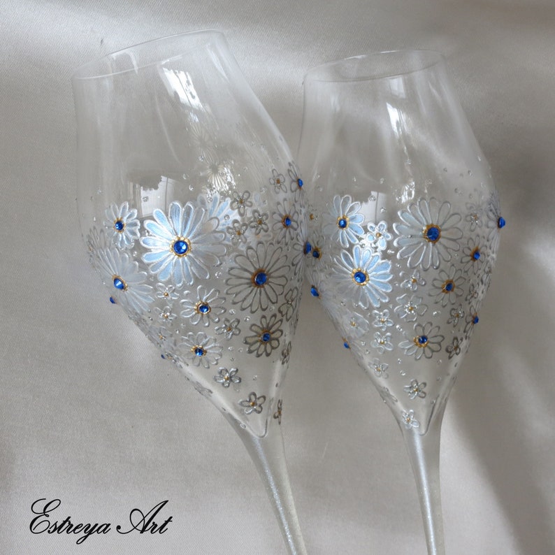 Hand painted wine glasses silver wedding 5th anniversary Etsy