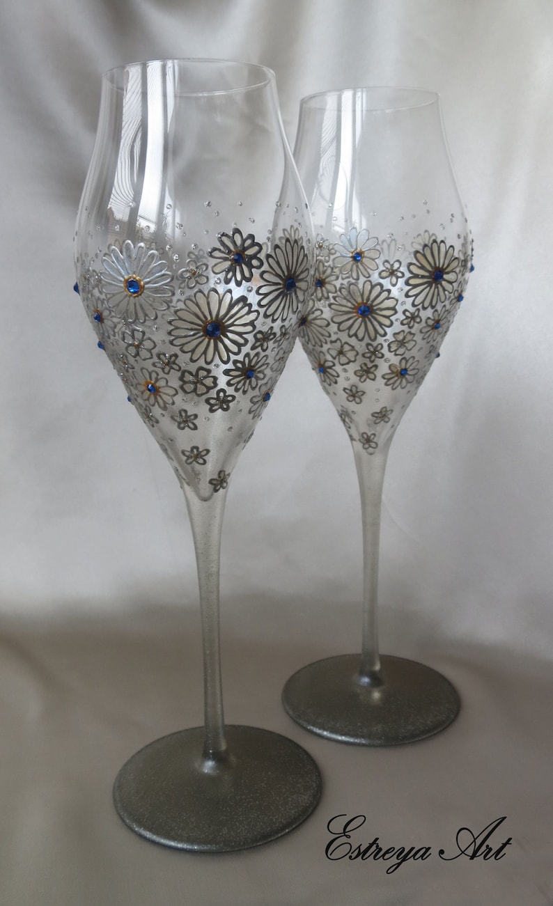 Hand painted wine glasses silver wedding 5th anniversary Etsy