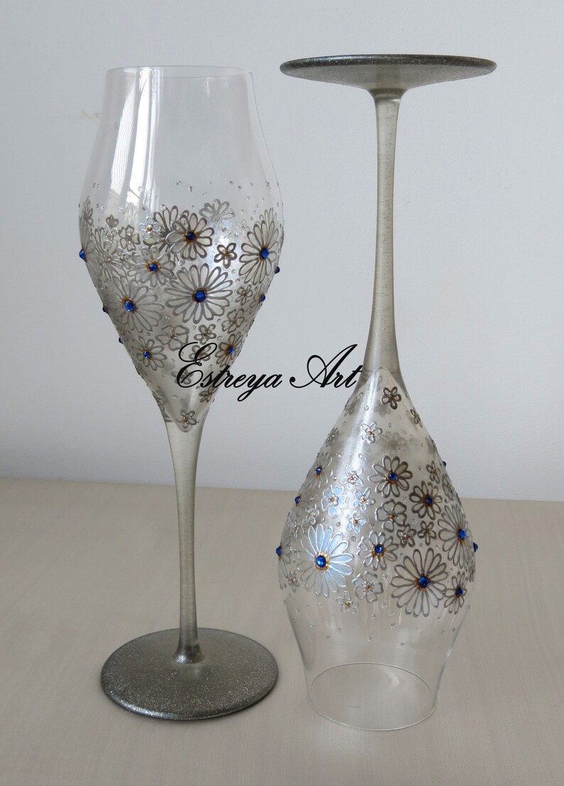 Hand painted wine glasses silver wedding 5th anniversary Etsy
