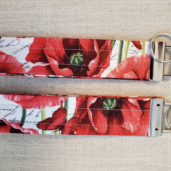 Red poppy | Toile | French script | Wristlet Key Fob | Wrist Keychain | Keychain Fob