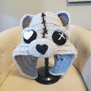 Zombie Teddy bear hood, walking dead head care bear hat, Grayscale