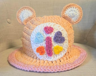Calming Heart bear Crochet Bucket Hat: Rainbow Butterfly Care Bear Inspired