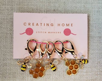 Honey bee stitch markers, progress keepers for knitting crochet set of 5