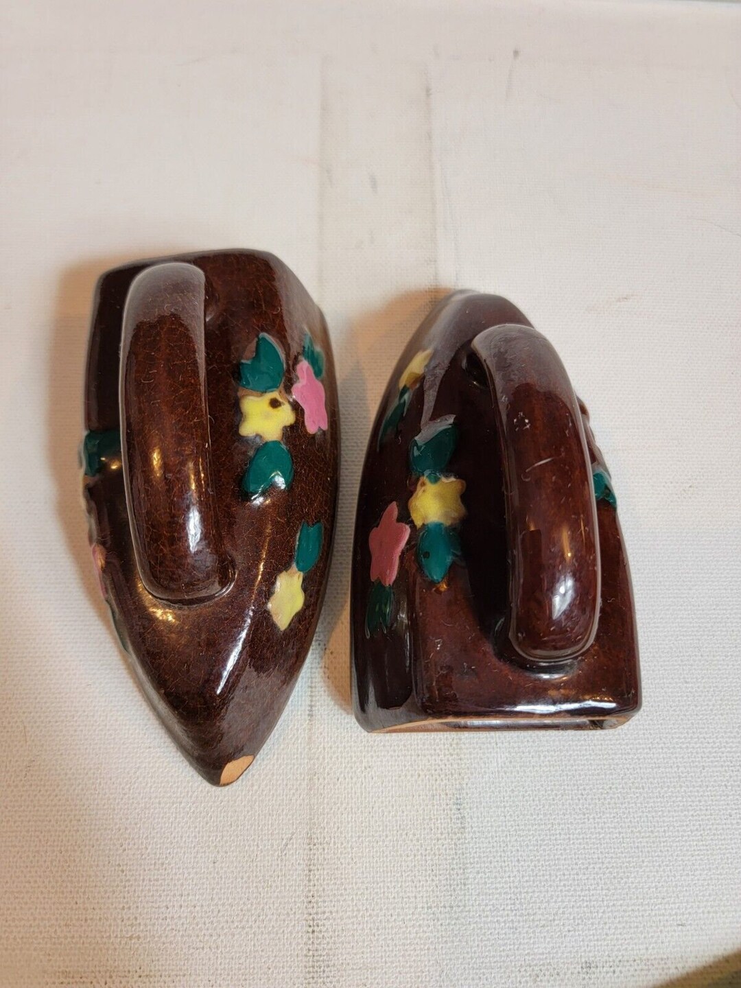 Vintage Pottery Salt Pepper Sugar Set Iron Shape Brown Floral Pattern VTG Japan Etsy