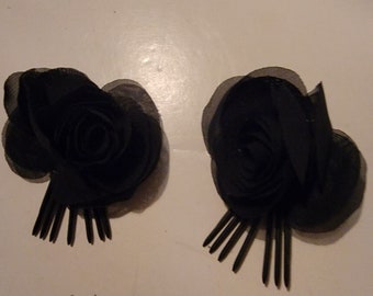 2 Vintage Black Fabric Rose Flower Plastic Hair Comb Up Do Hair Accessory