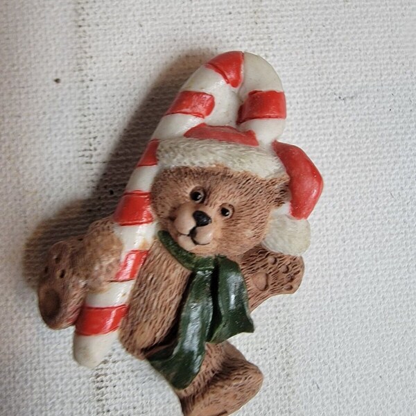 Vintage Fridge Magnet Christmas Teddy Bear Candy Cane Refrigerator 1990s