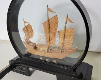 Vintage Chinese Carved Cork Ship Diorama behind Glass and Black Lacquer Frame