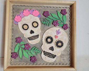 Dia De Los Muertos Wood Decor Sugar Skulls 11" x 11" Day Of The Dead