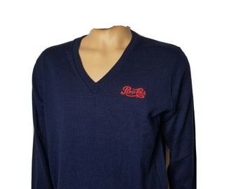 Vintage Pepsi Cola Embroidered Spellout Mens V-Neck Pullover Sweater VTG Blue