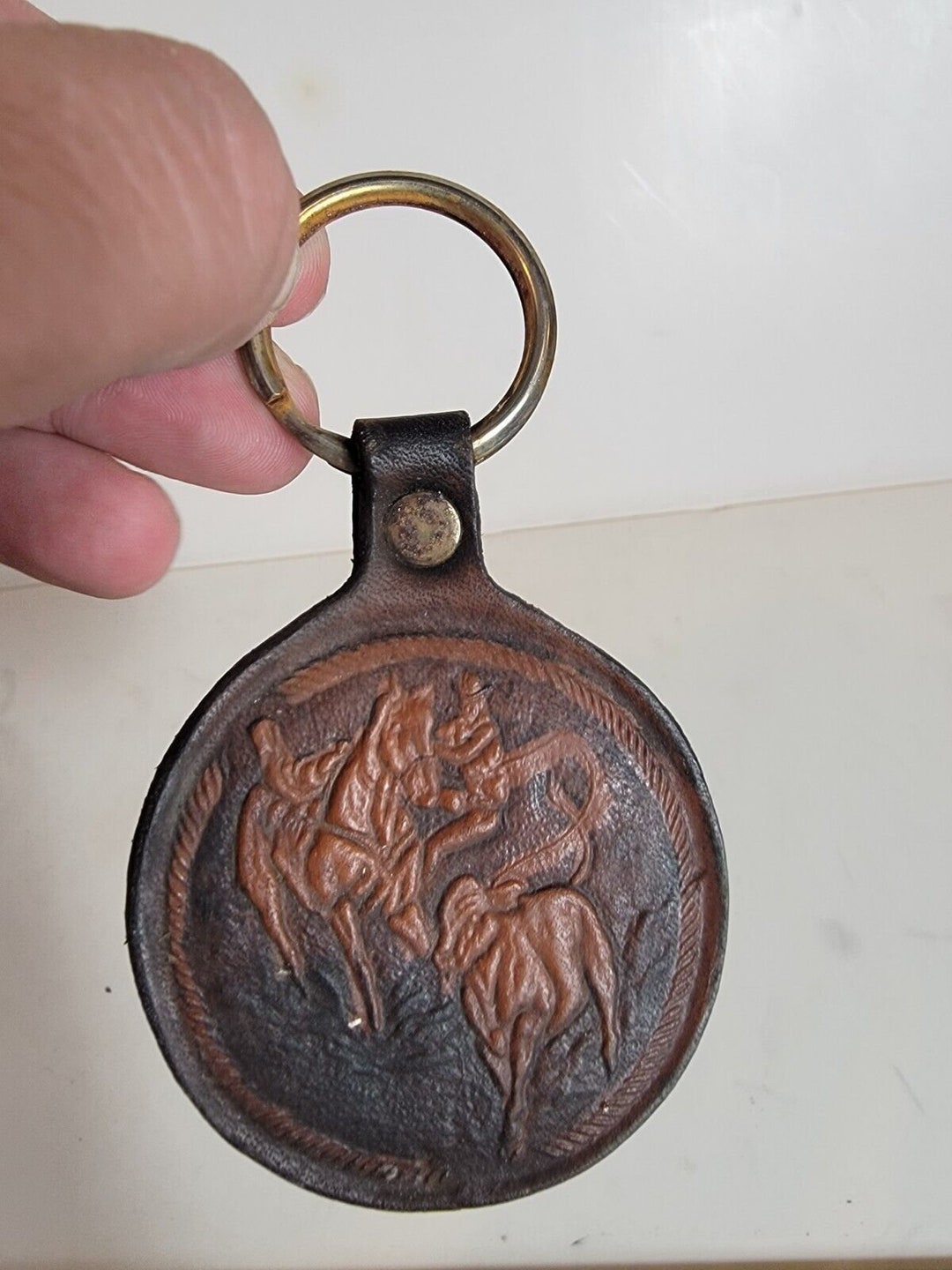 Cowboy Key Rings Vintage Leather Key Ring Keychain Cowboy Rancher Western Cow Horse VTG ...