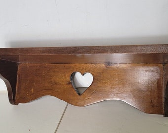 Vintage Country Style Oak Wall Shelf with Heart Eyelet Opening 1990s Farmhouse
