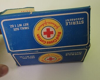 Vintage 1970 Johnson & Johnson, Red Cross Sterile Cotton with box 1970s Vtg