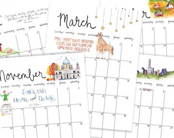 2024 Watercolor Calendar | Printable Calendar | Whimsical Calendar | 2024 Calendar| Illustrated Calendar |Travel Calendar