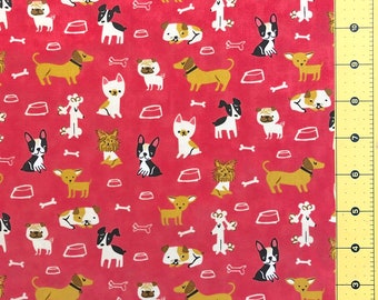 Woof Woof Meow Pink Tan Cats w Yarn Mouse on Cream BY YARDS Moda Cotton Fabric