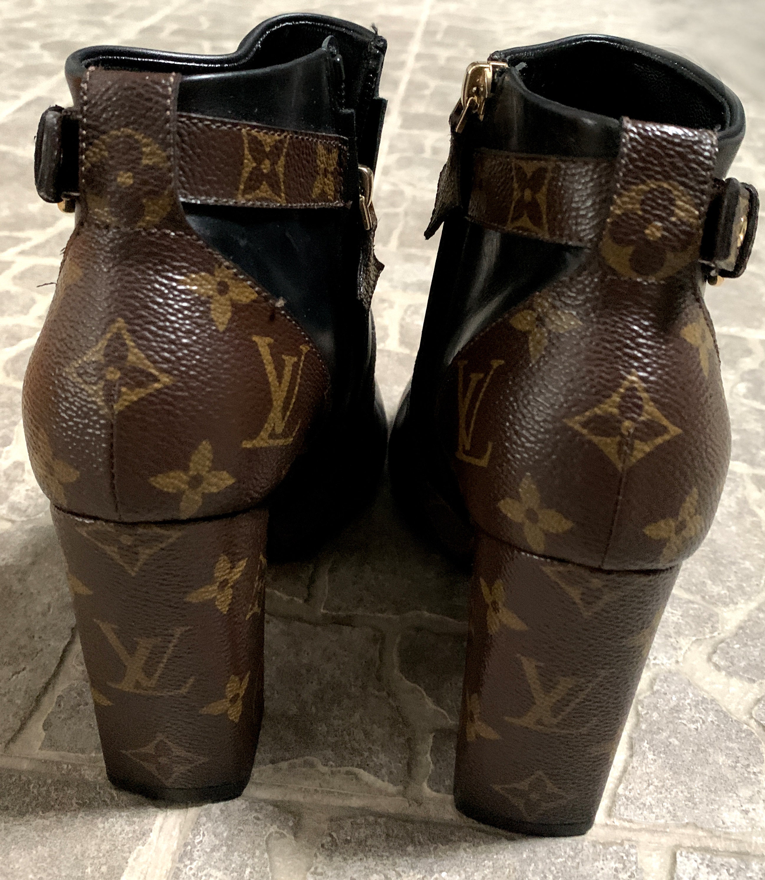 Louis Vuitton Brown Monogram Embossed Suede Mid Calf Buckle Detail