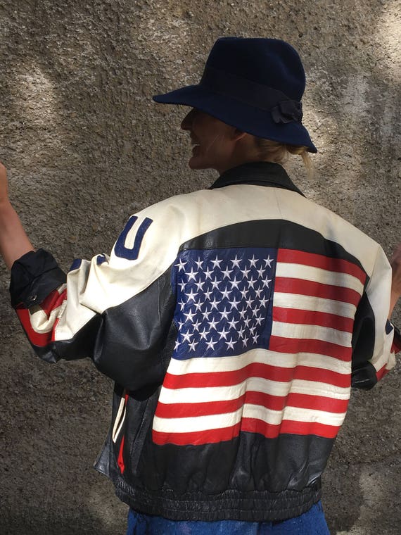 国内発送 Stunning 90s Jacket Leather Flag USA Statement Vintage ジャケット・アウター