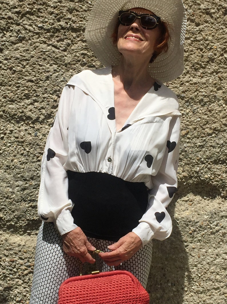 Vintage Otto Core Silk Blouse with Hearts and Hood Black and White