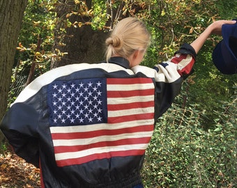Stunning Vintage Statement USA Flag Leather Jacket 90s