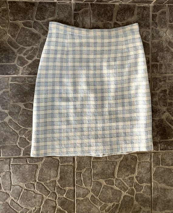 Vintage Chanel Paris Check Mini Skirt in Light Blue and White