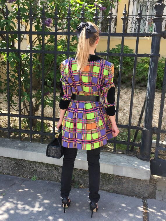 True Vintage 80s Glencheck Longblazer coat Day-glo